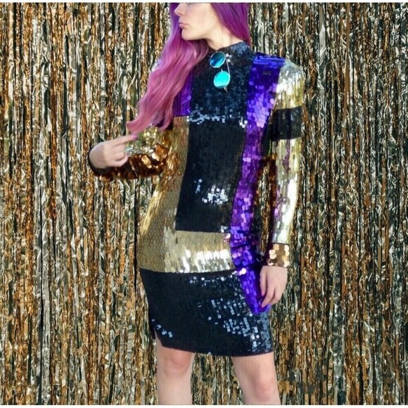 CEDARS VINTAGE SILK SEQUIN PARTY DRESS SIZE 4 Gold Purple Mini Long Sleeve 80s - Picture 2 of 16